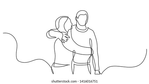 continuous line drawing of young couple of friends hugging each other