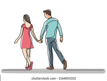 continuous line drawing of young couple walking together
