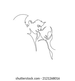 Continuous line drawing of a young couple who are hugging. Vector illustration. 
