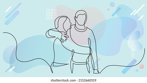 continuous line drawing of young couple of friends hugging each other