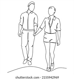 continuous line drawing of a young couple walking together