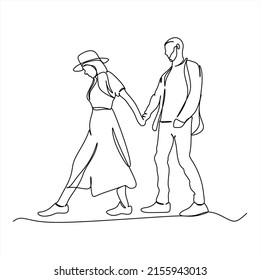 dibujo continuo de una pareja joven caminando juntos