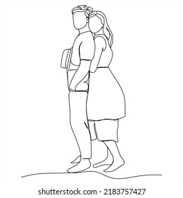 continuous line drawing of a young couple walking together