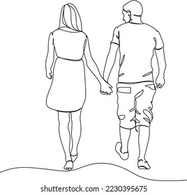continuous line drawing of a young couple walking hand in hand