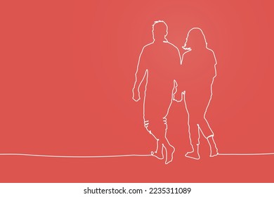 continuous line drawing of young couple walking together. Line art concept for valentine. Vector illustration. Single line drawing.