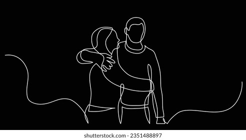 continuous line drawing of young couple of friends hugging each other
