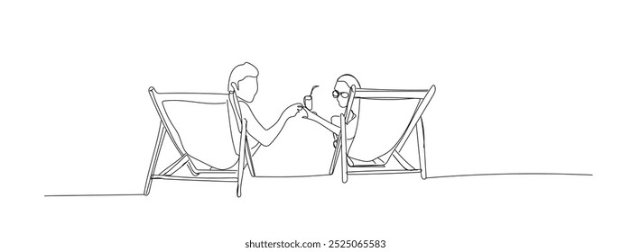 Continuous line drawing young couple relaxing on sun lounger near sea. Vector illustration. Concept for logo, card, banner, poster, flyer. Hand made vector not AI.