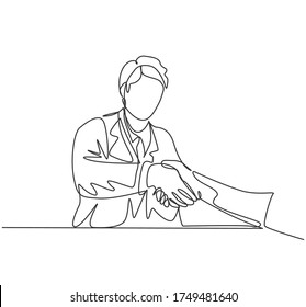 El dibujo continuo de la línea de un joven médico le da la mano al paciente en el hospital después de la prueba de laboratorio. Concepto de chequeo médico de atención médica. Ilustración vectorial de una línea
