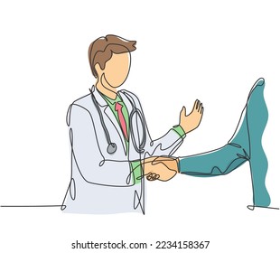 Continuous line drawing of young doctor shaking hand the patient in hospital. Healthcare medical check up concept. One line drawing vector illustration