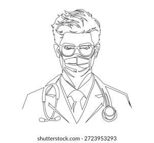 Desenho de linha contínua do jovem doutor com estetoscópio. Ilustração de linha única de Jovem Doutor com estetoscópio, ilustração, conceito de cuidados médicos e de saúde. Descrição editável.