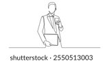 continuous line drawing of young executive standing carrying laptop and drinking coffee.one line drawing of person in suit on coffee break.simple single line vector.isolated white background