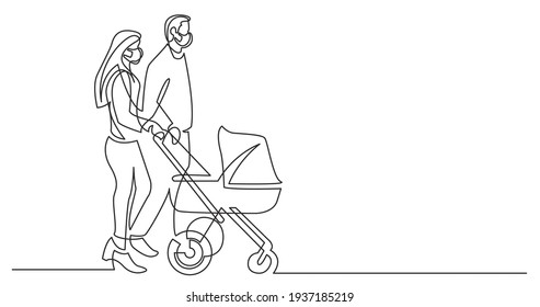 continuous line drawing of young family with baby stroller walking  wearing face masks