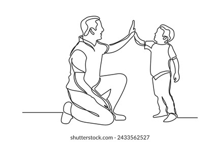 Continuous line drawing of the young father giving high-five to his son for success. Single line dad giving high five gesture. Father-son happy moment isolated of white background.
