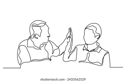 Continuous line drawing of the young father giving high-five to his son for success. Single line dad giving high five gesture. Father-son happy moment isolated of white background.
