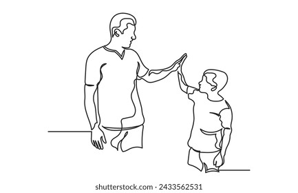 Dibujo continuo de la línea del joven padre dando choca cinco a su hijo para el éxito. Una sola línea de papá dando alto cinco gestos. Momento feliz padre-hijo aislado de fondo blanco.
