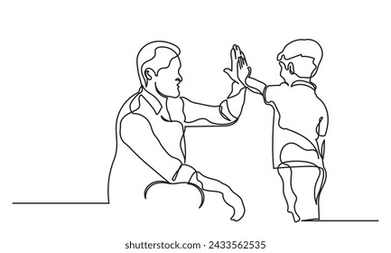 Continuous line drawing of the young father giving high-five to his son for success. Single line dad giving high five gesture. Father-son happy moment isolated of white background.
