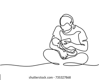 Continuous line drawing. Young father feeding baby from bottle. Vector illustration. Total editable, choose thickness and place of line