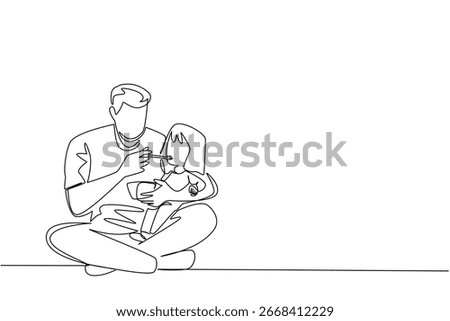 A continuous line drawing of a young father spoon-feeding his little daughter, representing Infant Feeding Day in a health concept, highlighting parenting, nurturing, and family love.