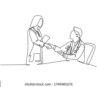 Laufende Zeilenzeichnung von jungen Ärztinnen Handschütteln mit männlichen Ärzten im Krankenhaus. Ein großartiges Teamkonzept für das Gesundheitswesen. Eine zeilenträchtige Vektorgrafik