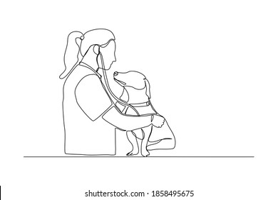 Continuous line drawing of young female veterinarian examining and take care of a sick dog. One line art concept of et health care service. Vector illustration