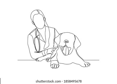 Continuous line drawing of young female veterinarian examining and take care of a sick dog. One line art concept of et health care service. Vector illustration