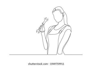 Continuous line drawing of young female mechanic pose holding set of wrench. Single one line art of professional job profession minimalist concept. vector illustration