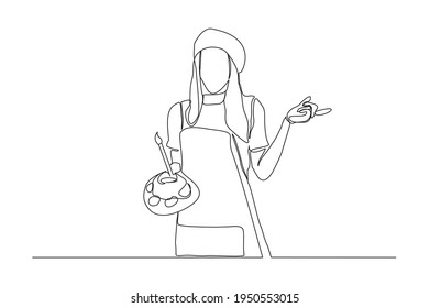 Continuous line drawing of young female painter artist. Single one line professional painter woman minimalist concept. Vector illustration