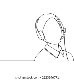 Continuous line drawing a young female customer service operator sitting in front of a computer with a headset
