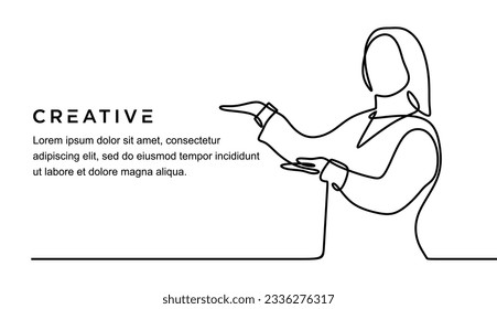 continuous line drawing of young female pretending to hold something and looking confident