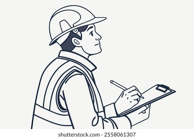 Continuous line drawing of young female architect engineer worker standing write business note on paper at clipboard wearing safety helmet. One single line business woman concept. Vector illustration