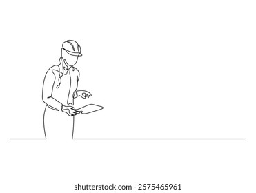 Continuous line drawing of young female architect engineer worker standing write business note on paper at clipboard wearing safety helmet. Single line businesswoman concept. Vector illustration