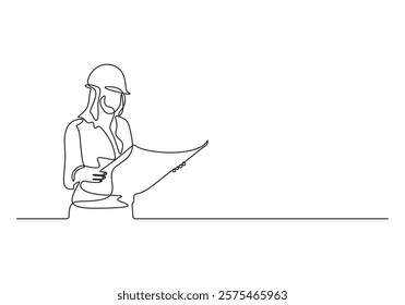 Continuous line drawing of young female architect engineer worker standing write business note on paper at clipboard wearing safety helmet. Single line businesswoman concept. Vector illustration