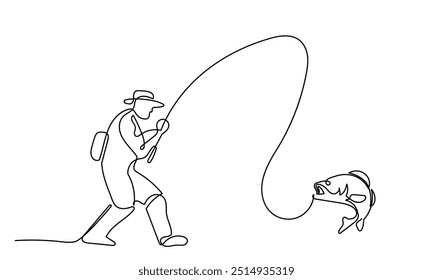 continuous line drawing of a young fisherman standing.single-line Man fishing from a lake coast with a fishing rod.Man fishing as a leisure activity during his vacation isolated on a white background.