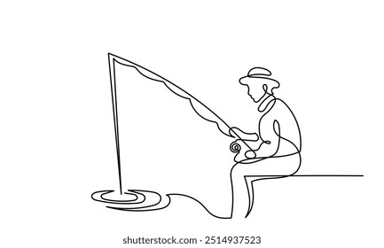 continuous line drawing of a young fisherman sitting.single-line Man fishing from a lake coast with a fishing rod.Man fishing as a leisure activity during his vacation isolated on a white background.
