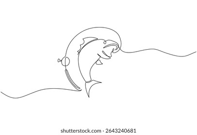 Continuous line drawing of a young fisherman standing, One continuous line drawing of fishing. Fishing leisure hobby vacation concept. Dynamic single line draw graphic design vector illustration.