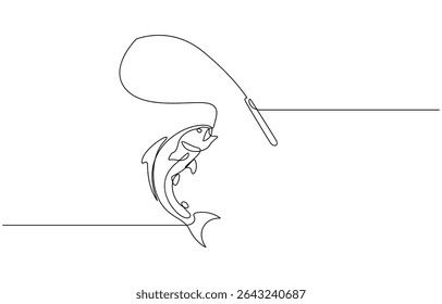 Continuous line drawing of a young fisherman standing, One continuous line drawing of fishing. Fishing leisure hobby vacation concept. Dynamic single line draw graphic design vector illustration.