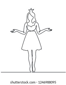 Dibujo de línea continua de la princesa joven con una corona en la cabeza extendió su mano y el hombro encogiéndose de hombros. No lo sé. ¡Uy! ¡Lo siento! Hacer preguntas y dudar de la Ilustración vectorial de expresión.