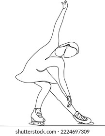 continuous line drawing of young girl playing ice skating in the ice area isolated on white background. Figure skating girl hand drawn lineart minimalism design. Vector winter activity illustration