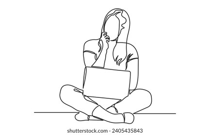 continuous line drawing of a young girl sitting on the floor using a laptop computer.Communication and work on the Internet. 