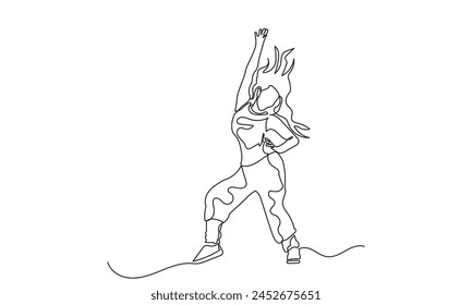 continuous line drawing of a young girl energetic hip-hop dancer woman practicing.Single line art concept of female hip-hop dance. Vector illustration.