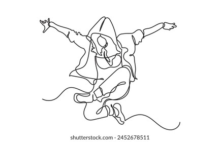 continuous line drawing of a young girl energetic hip-hop dancer woman practicing.Single line art concept of female hip-hop dance. Vector illustration.