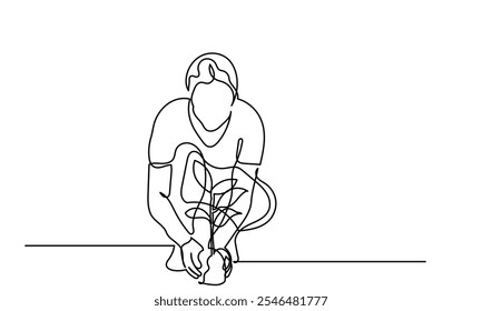 Continuous line drawing of a young girl planting tree. Volunteers and Eco-friendly lifestyle concept illustrations. Take care of the environment Line art vector isolated on a white background.