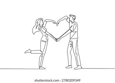 Continuous line drawing of young handsome man and beauty woman forming big heart shape with their arms. Affectionate romantic love concept for National Couples Day event promotional banner artwork