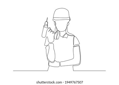 Continuous line drawing of young handy woman wearing uniform while holding drill machine. Single one line art of repair woman construction maintenance service concept. Vector illustration