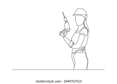 Continuous Line Drawing Of Young Handy Woman Wearing Uniform While Holding Drill Machine. Single One Line Art Of Repair Woman Construction Maintenance Service Concept. Vector Illustration