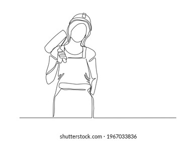 Continuous line drawing of young handy woman wearing building construction uniform while holding paint roller. One single line painter wall renovation service concept. vector design illustration