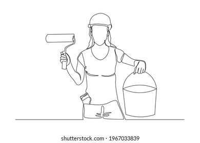 Continuous line drawing of young handy woman wearing building construction uniform while holding paint roller. One single line painter wall renovation service concept. vector design illustration