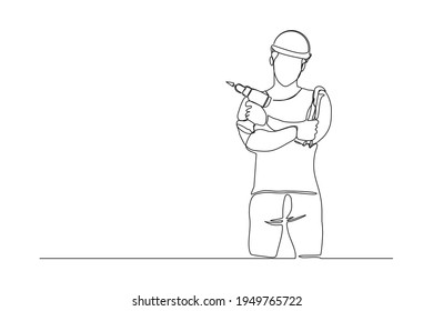 Continuous line drawing of young handyman wearing uniform while holding drill machine. Single one line art of repairman construction maintenance service concept. Vector illustration