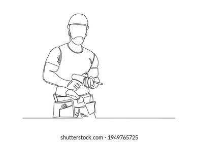 Continuous line drawing of young handyman wearing uniform while holding drill machine. Single one line art of repairman construction maintenance service concept. Vector illustration