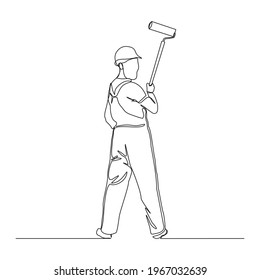 Continuous line drawing of young handyman wearing building construction uniform while holding paint roller. One single line painter wall renovation service concept. vector design illustration